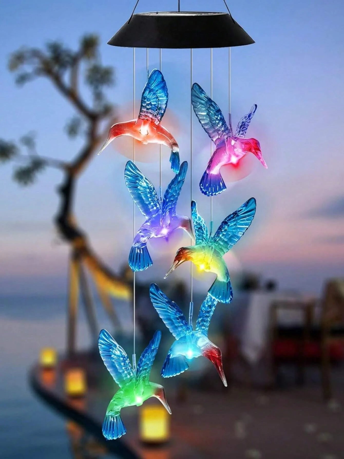Brighten Your Garden with a Stunning Solar Blue Hummingbird Wind Chime Light! 🌼✨